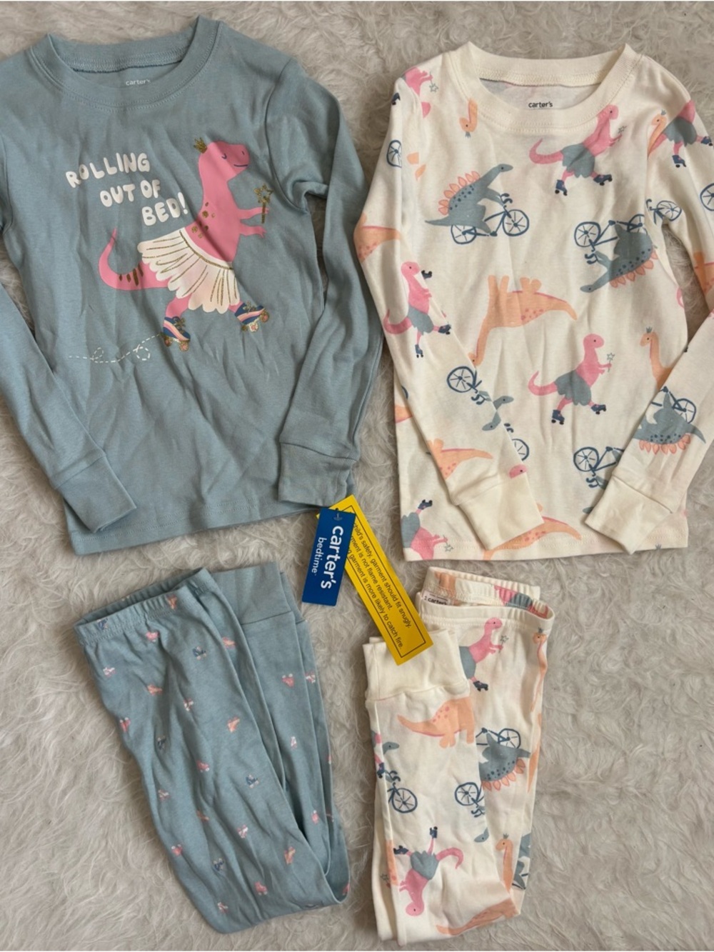 Carter's NWT Girls Set of 2 Dino Pajamas Light Blue, Cream & Pink Accents
